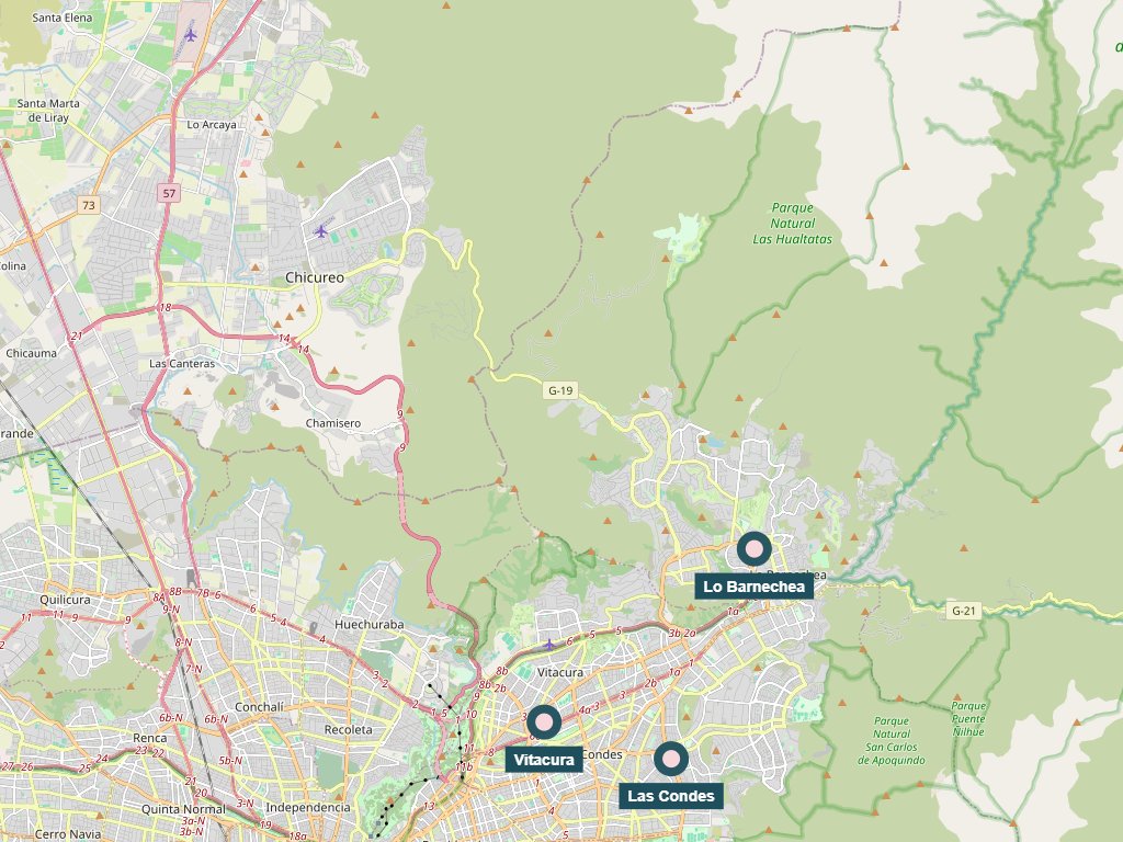 Mapa de Santiago oriente — cobertura express de Medas en Vitacura, Las Condes y Lo Barnechea